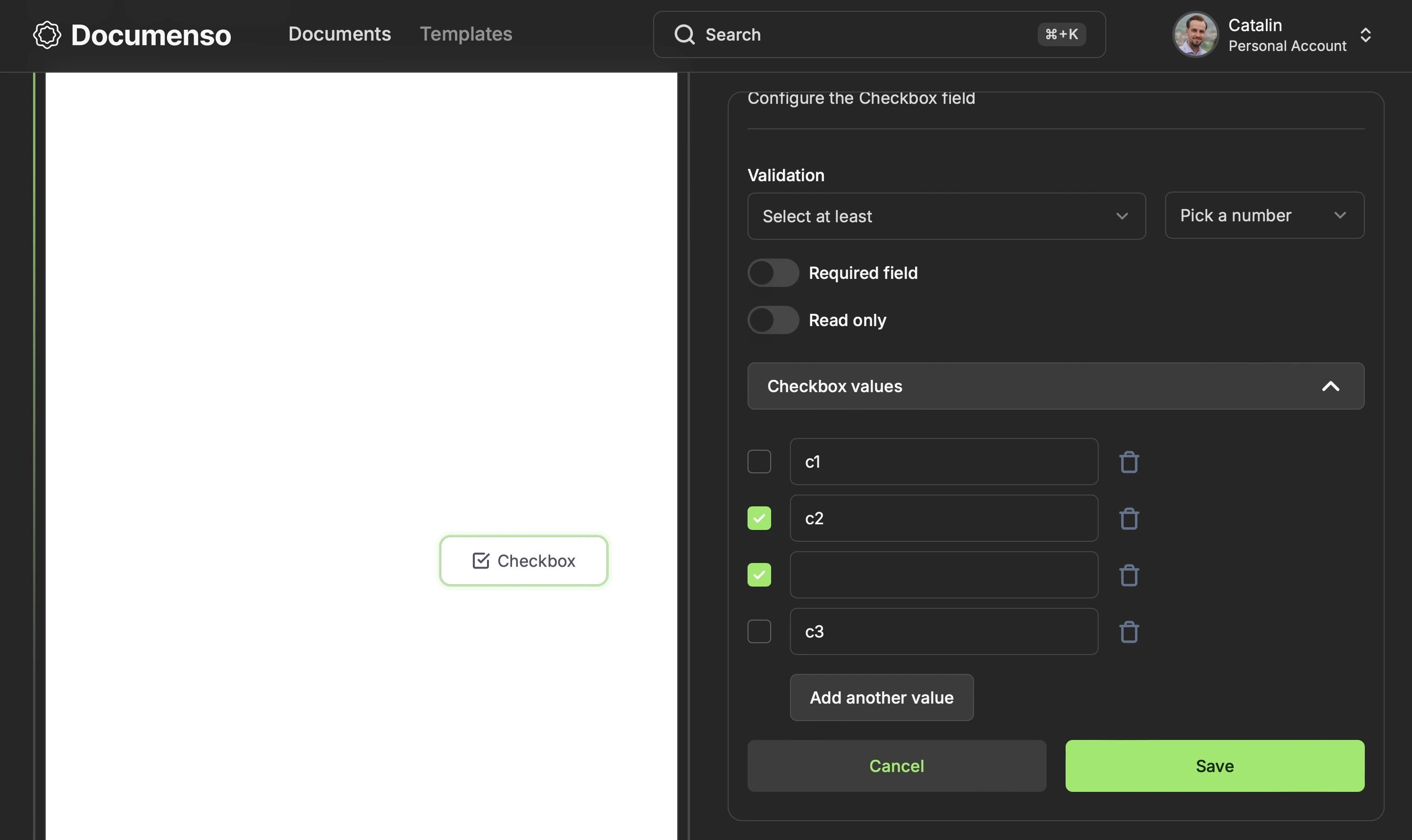 The advanced settings tab for the checkbox field in the Documenso document editor