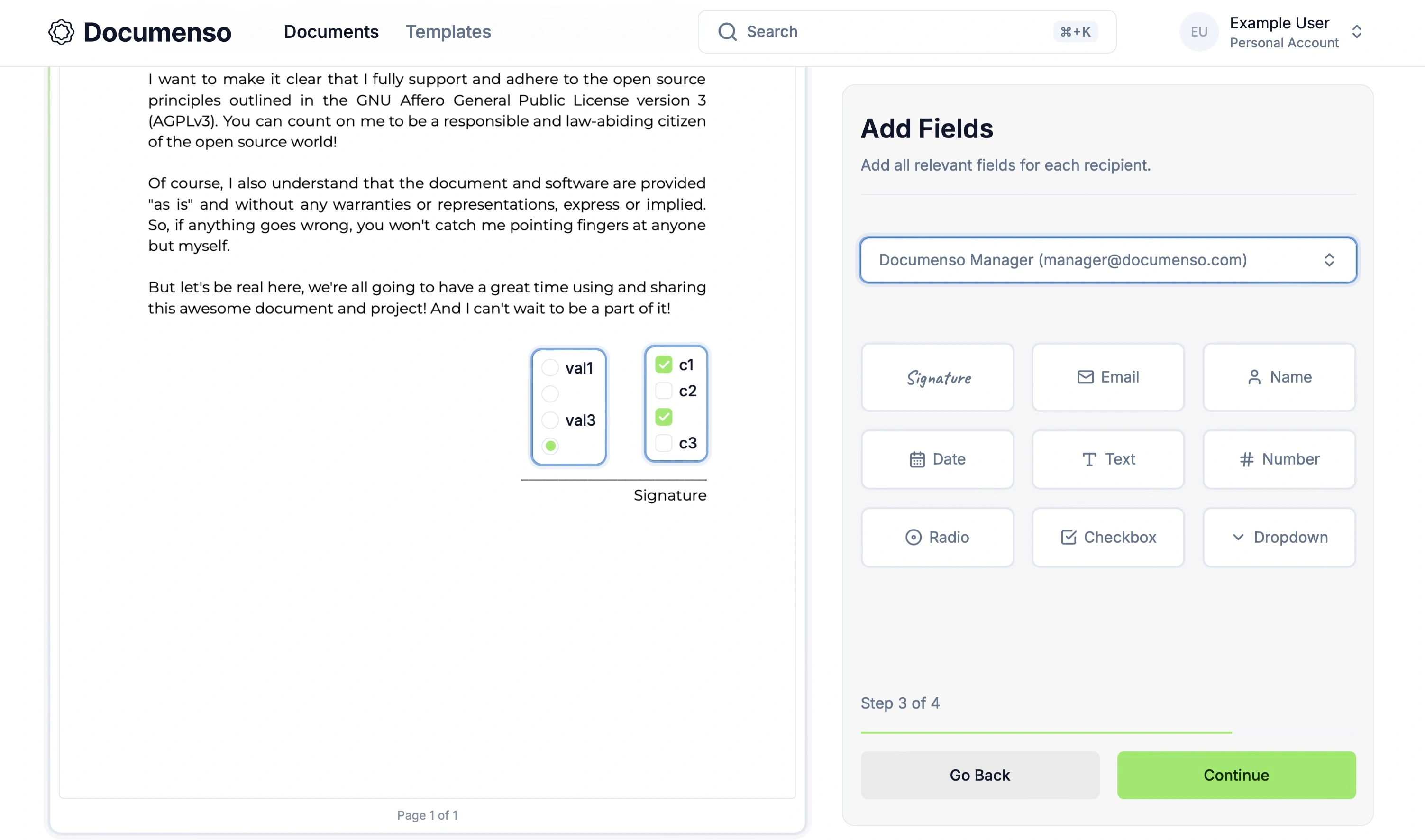 The radio and checkbox signing fields on the Documenso document signing page