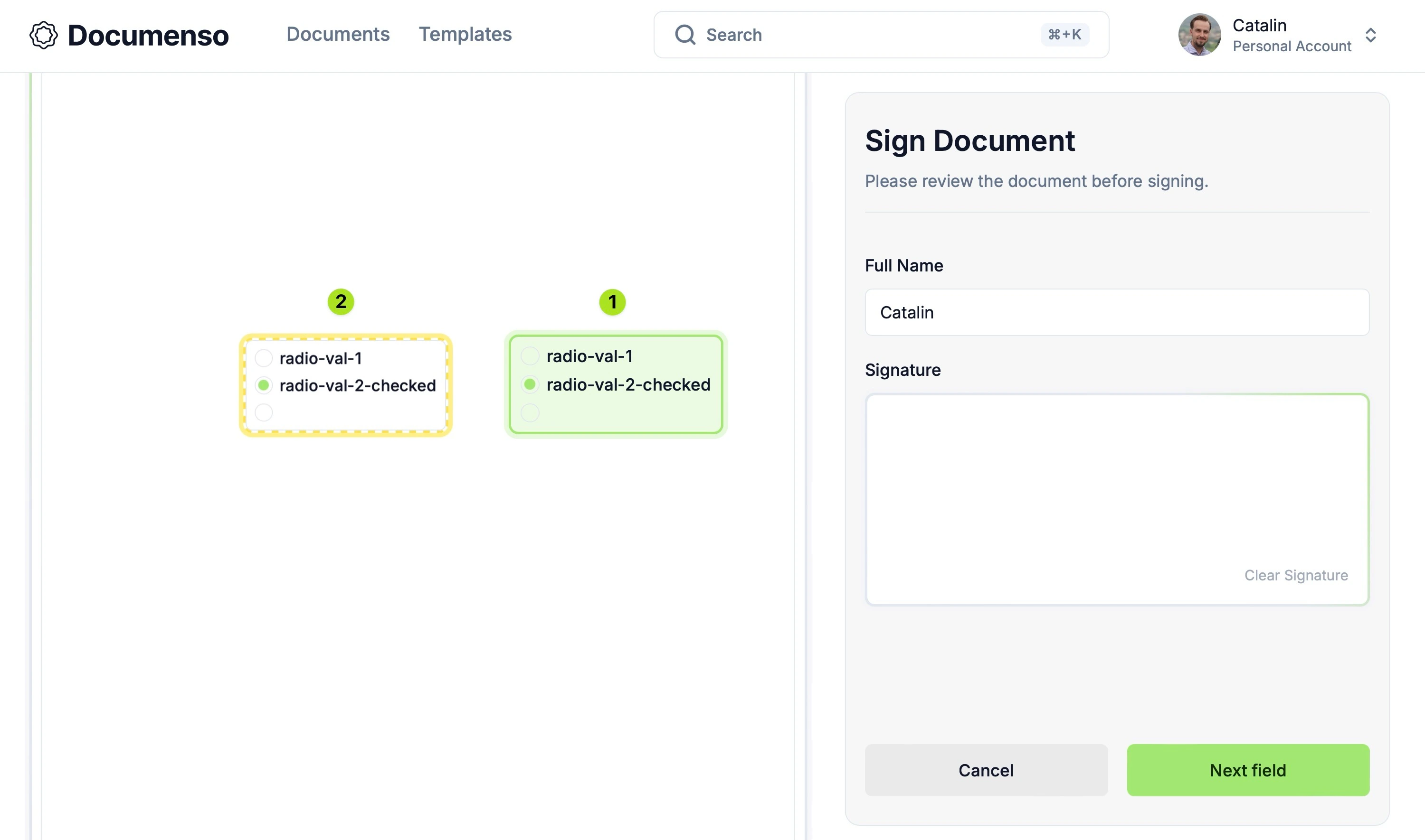 The radio signing field on the Documenso signing page