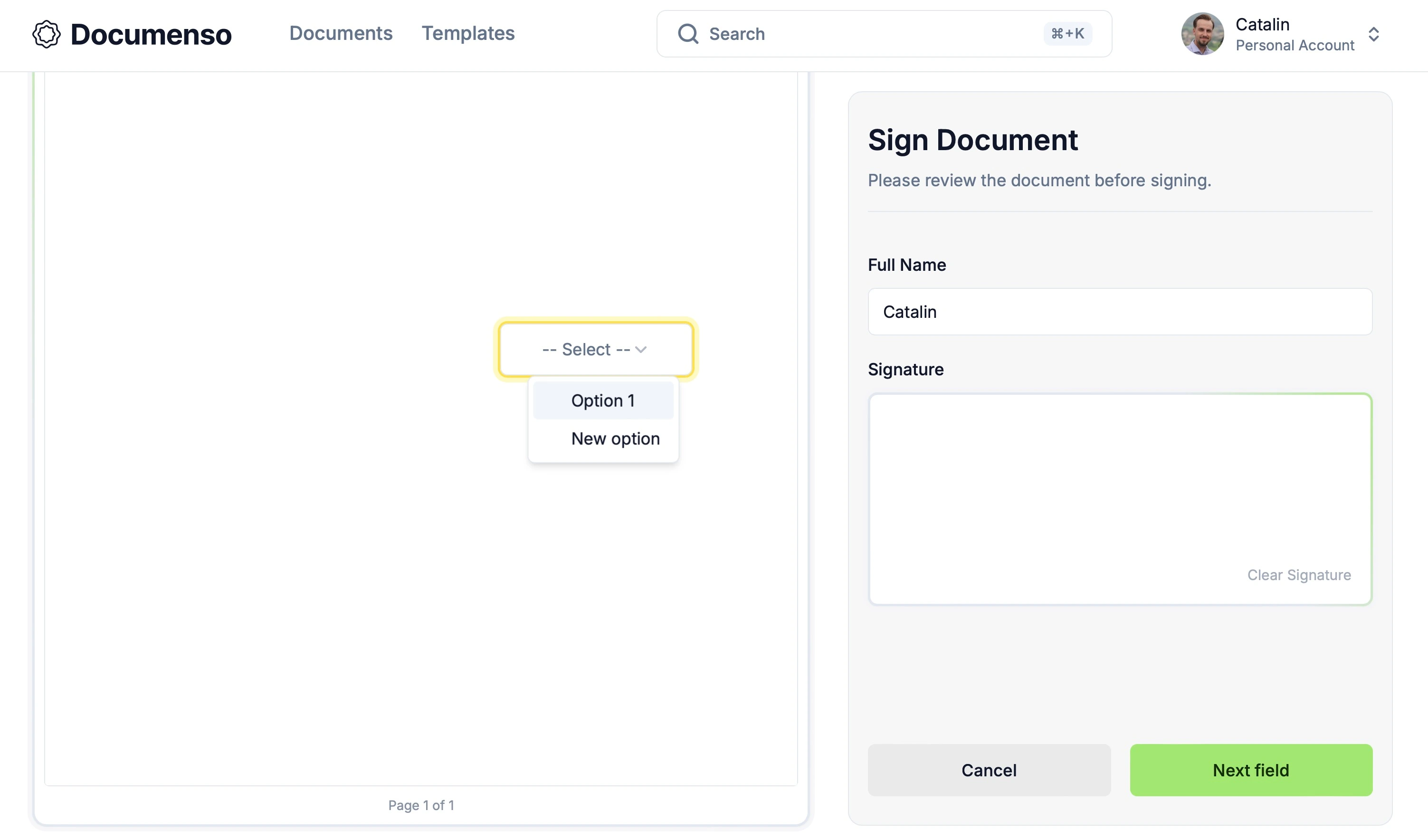 The select field on the Documenso document signing page